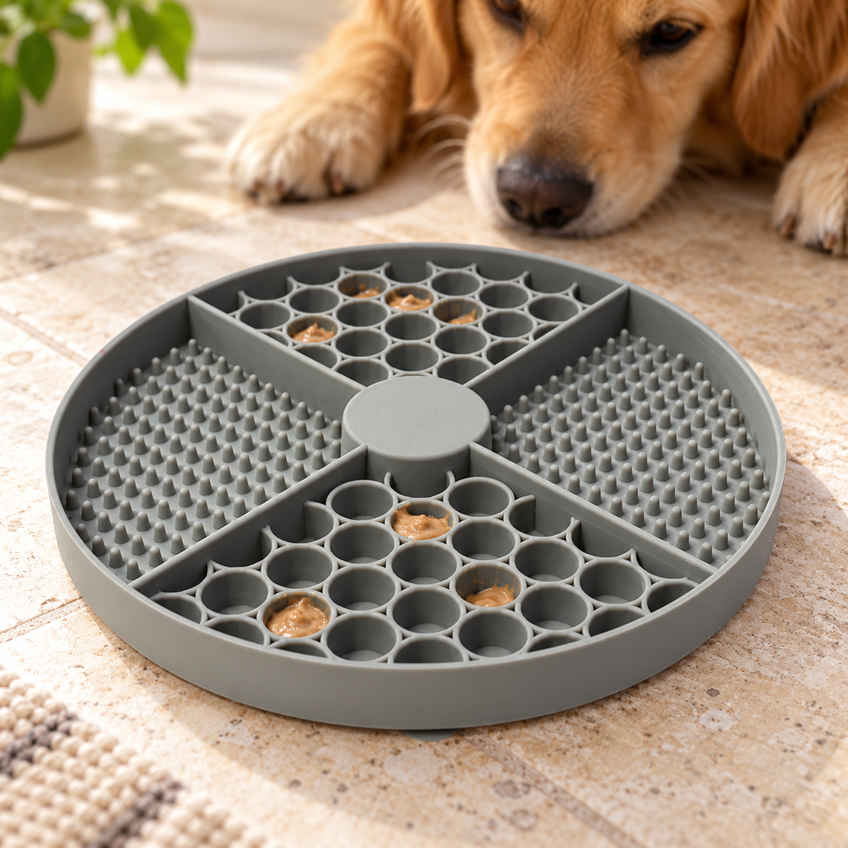 Silicone Pet Slow Feeder Lick Mat — Round Lick Pad Grey