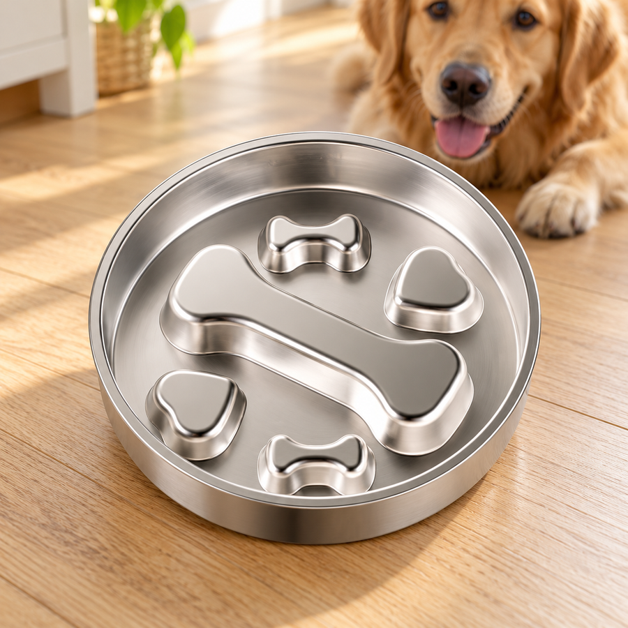 Stainless Steel Slow Feeder Bowl — Bone Pattern