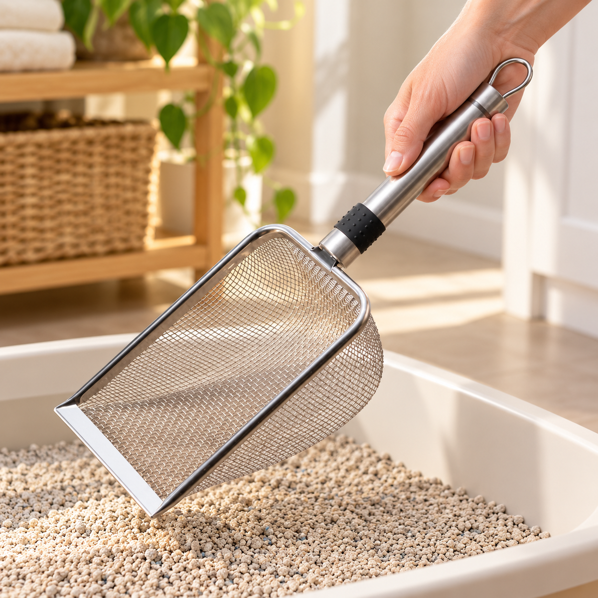 Stainless Steel Pet Litter Scoop — MS-02 Tube Handle+Hook / 3.8mm Hole