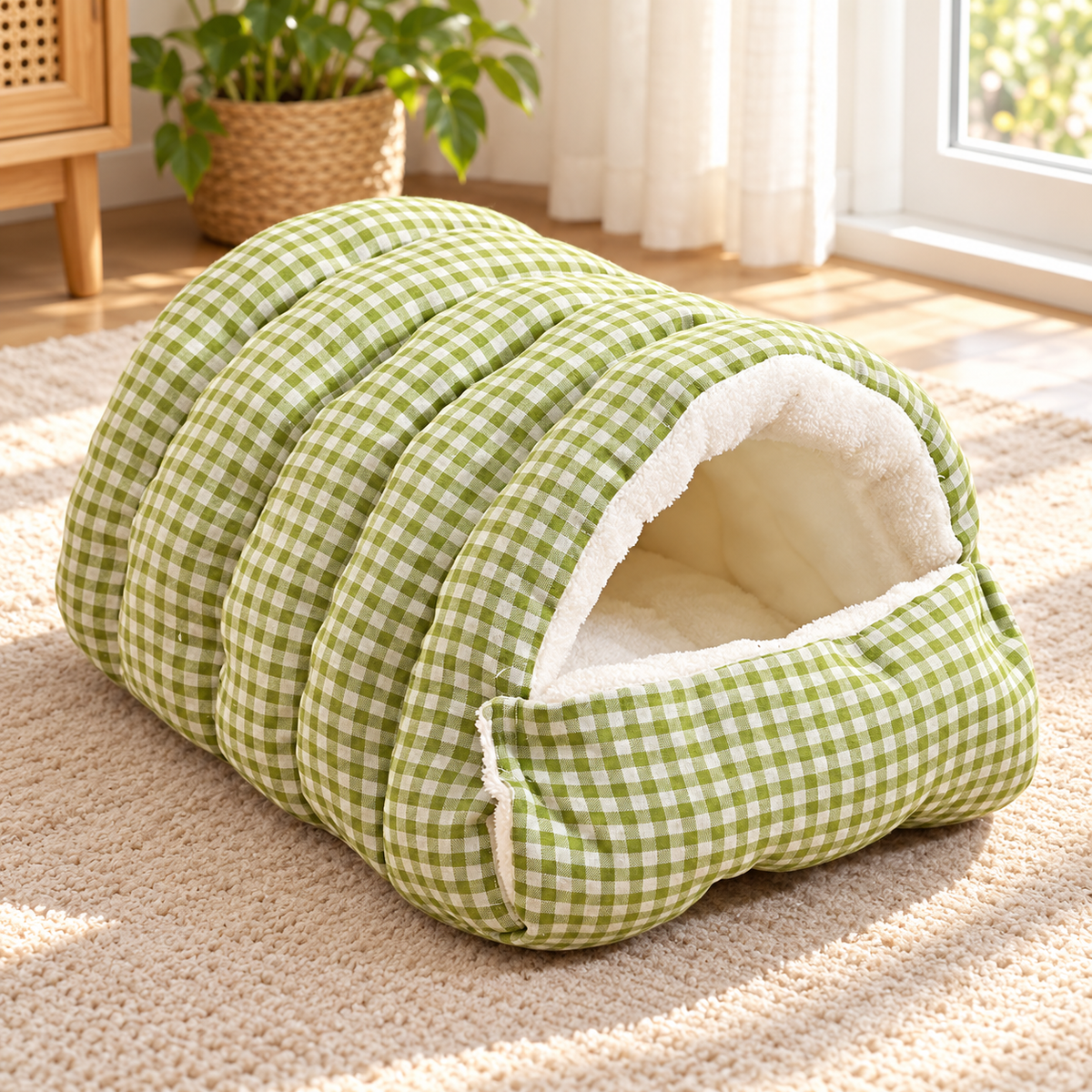 pet cave bed — L Closed 43x40x28cm / Green White Grid