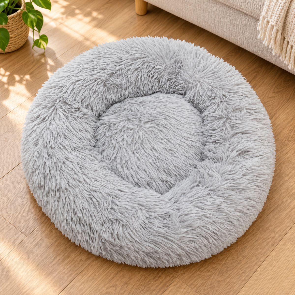 Round Plush Pet Bed Removable Machine Washable Dog Bed — Light Gray / 60 cm
